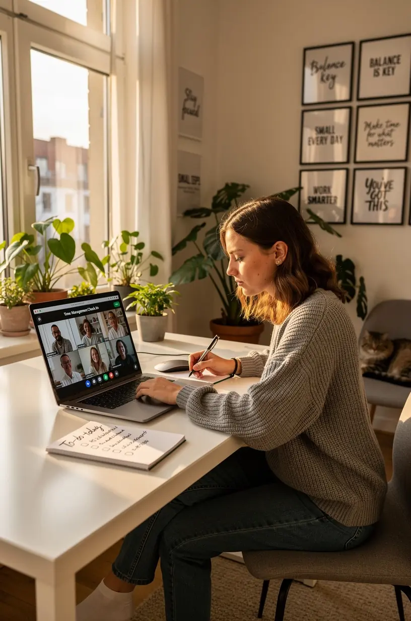 Fachkraft nutzt Zeitmanagement-Software auf Laptop, um Arbeitsschritte effizient zu strukturieren und Stress zu reduzieren.